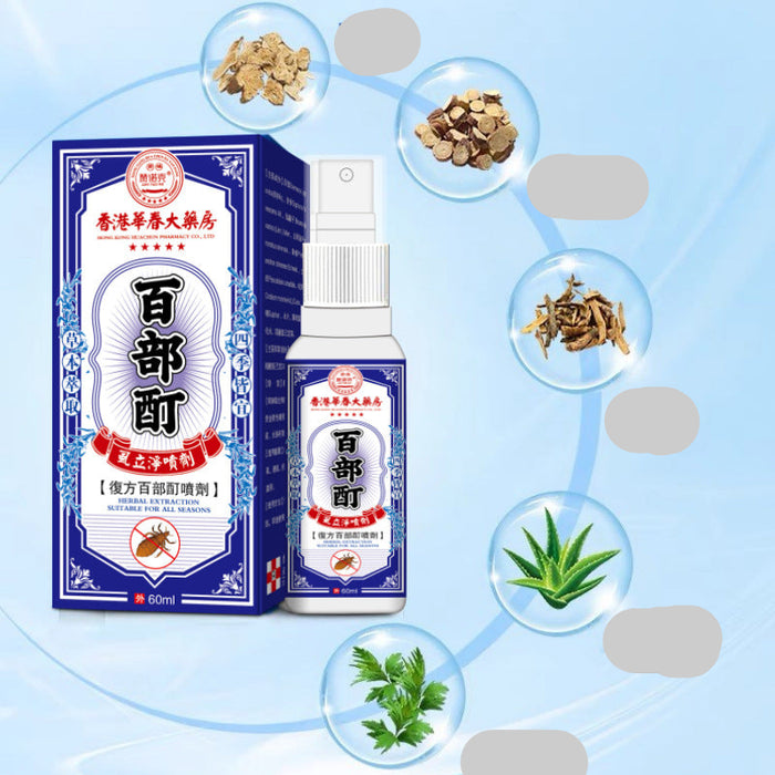 A boxed spray bottle product on a light blue background with ingredient callouts in Chinese. The main subject is the product packaging and bottle, while floating circles show botanical ingredients label.