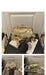 A decorative handbag with a gold-tone frame and many clear rhinestone-like embellishments, shown in a collage of three views. One larger view shows a hand holding the bag on a black table in an indoor setting, with two smaller views showing the bag from different angles on a mirrored surface.
