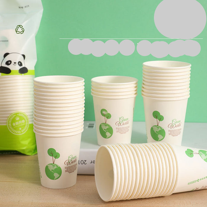 A set of reusable paper cups with a green and white globe graphic, shown in various stacks on a tabletop with a green background and Chinese promotional text.