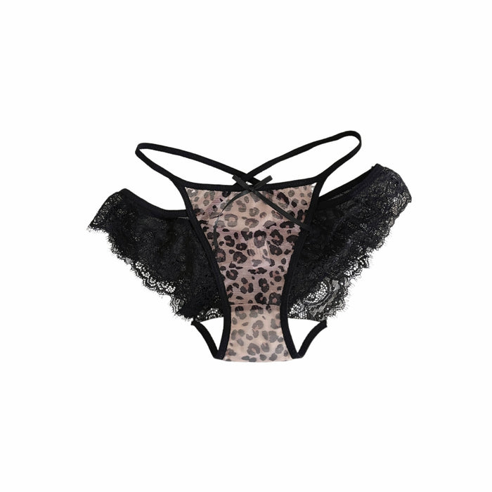 Black lace and leopard print mesh panties with thin adjustable straps and ruffled lace sides, shown flat on a white background.