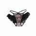 Black lace and leopard print mesh panties with thin adjustable straps and ruffled lace sides, shown flat on a white background.