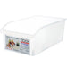 A clear plastic storage bin with a curved front lip and a printed product label on the front left side, photographed on a plain white background.