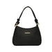 A black shoulder bag with a curved top, knotted strap details at the shoulders, and a small horizontal gold-tone metal accent on the front, shown against a plain white background.