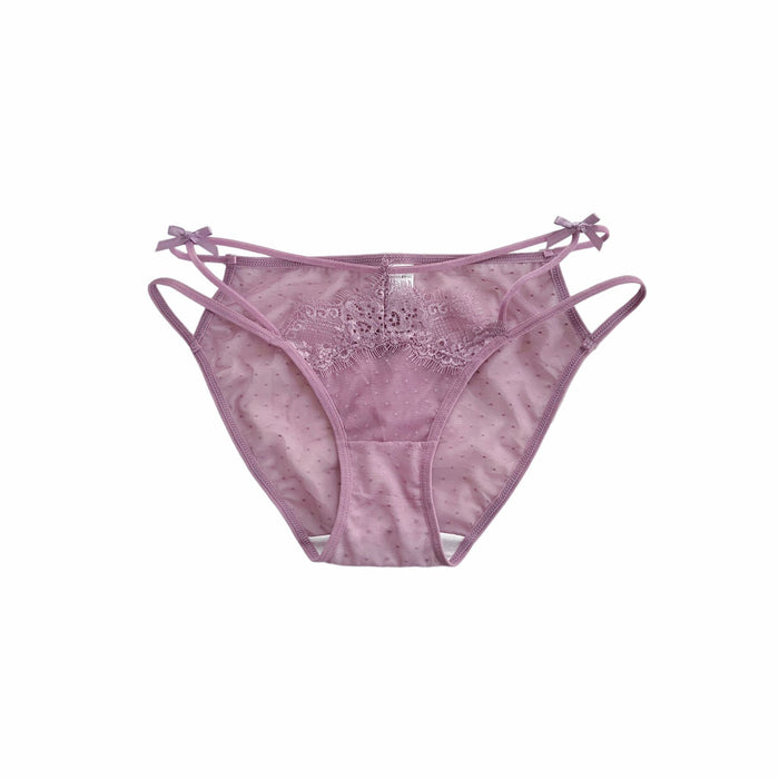 A pair of women's low-rise underwear in a dusty mauve-purple color, featuring a sheer mesh fabric, delicate lace detailing across the front, and adjustable side ties, shown against a plain white background.
