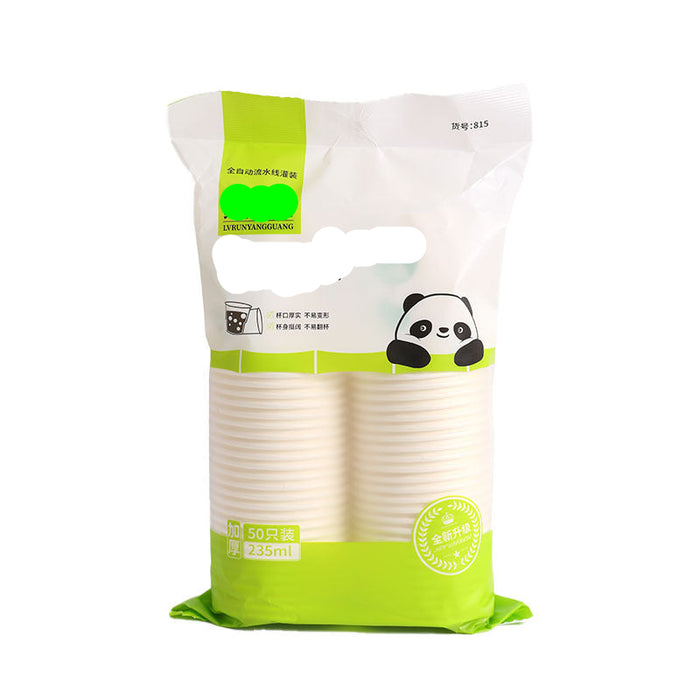 A package of disposable fashion paper cups by Livian Yang, featuring a white and green bag with a cartoon panda graphic and a clear window showing the stacked white cups inside.