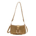 A metallic gold shoulder bag with a textured finish, featuring a gold chain strap, a long shoulder strap, and a gold D-ring closure on a plain white background.