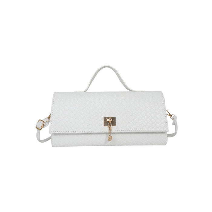 A white textured leather clutch handbag with a top handle, a detachable shoulder strap, and a gold-tone front clasp, shown against a plain white background.