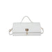 A white textured leather clutch handbag with a top handle, a detachable shoulder strap, and a gold-tone front clasp, shown against a plain white background.