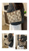A beige and brown monogram tote bag with a double-G pattern, shown worn over the shoulder by a person in a gray blazer and white skirt in an indoor setting. Three views are shown in a collage.