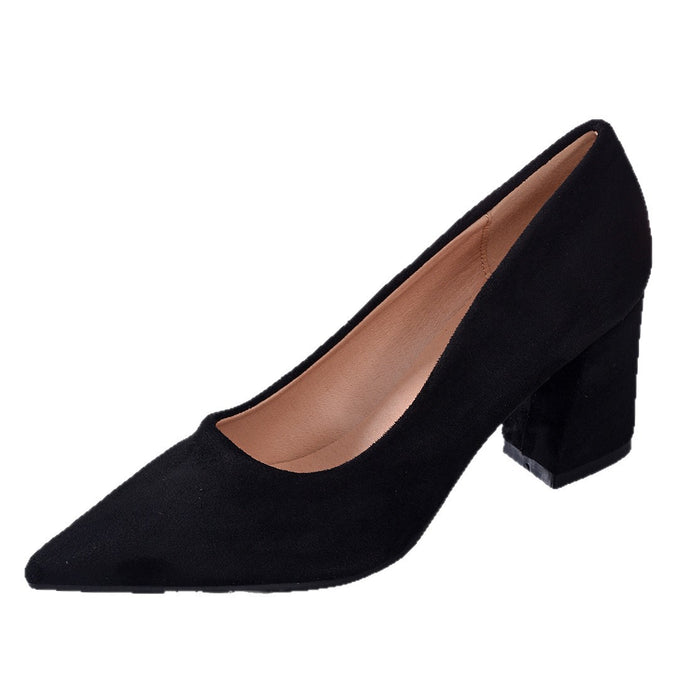 A single black pointed-toe pump shoe with a block heel, shown from a side profile on a plain white background.