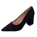 A single black pointed-toe pump shoe with a block heel, shown from a side profile on a plain white background.