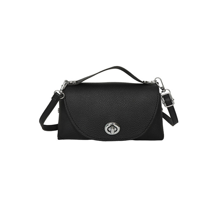 Black pebbled leather shoulder bag with a top handle, adjustable shoulder strap, and a silver-tone turn-lock closure on the front flap.