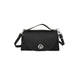 Black pebbled leather shoulder bag with a top handle, adjustable shoulder strap, and a silver-tone turn-lock closure on the front flap.