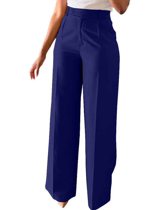 Navy blue wide-leg pants worn by a person on a white background
