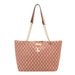 A pink tote bag with an allover dark pink monogram pattern, featuring a gold-tone chain strap, a single leather shoulder strap, and a small deer emblem on the front.
