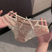 A pair of women's lace underwear held up by two hands. The underwear features a brown leopard print pattern over a sheer nude-beige mesh base, with a small white bow at the center front and beige lace trim.