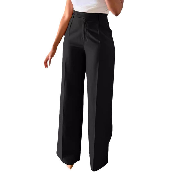 Black wide-leg pants worn by a person on a white background
