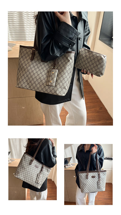 A person wearing a black leather jacket and white pants carries a large beige and brown monogram tote bag, with a matching small pouch in one inset view. The setting appears to be an indoor room with wood flooring and blinds.