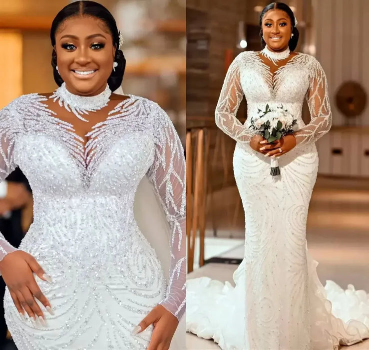 Dio Women's Plus Size African Gorgeous Sheer Neck Long Sleeve Mermaid Wedding Gown - Dio Kollections