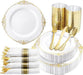 Gold and white party supplies including plates, cups, and cutlery on a white background.
