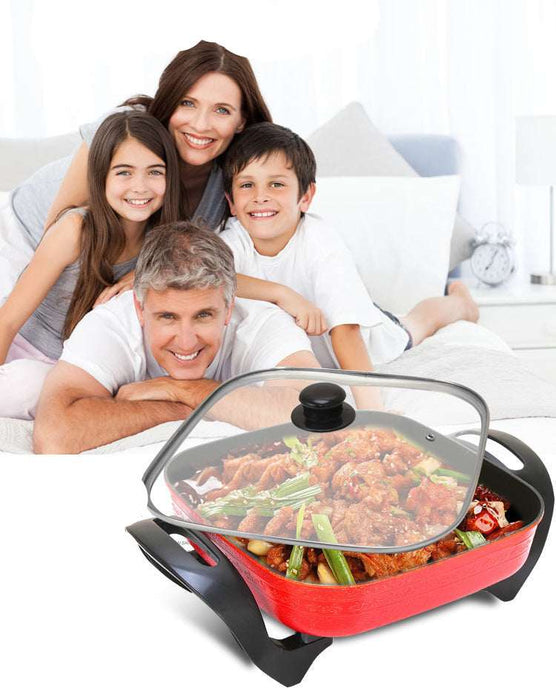 Family lying on a couch with a hot pot in the foreground, featuring the Hongxi brand.