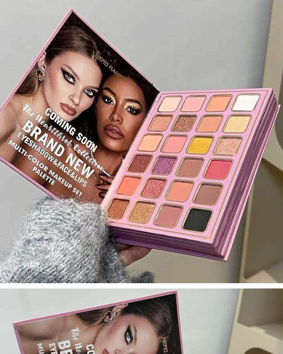 Makeup palette with colorful shades and promotional text for a brand new makeup set.