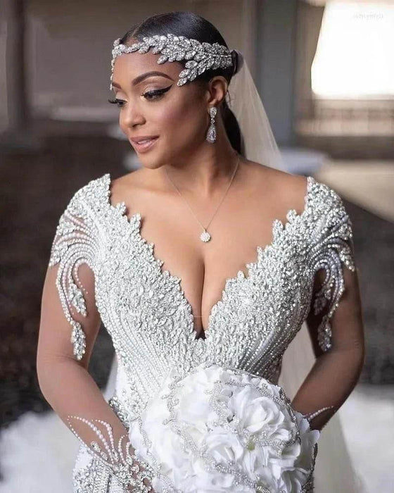 diamond luxury wedding dresses Elegant Silver gorgeous mermaid wedding dresses with Beaded Crystals and Lace Appliques
