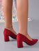 A pair of red suede block-heel pumps with pointed toes, shown on a mannequin or model's feet against a light gray background with a sparkly decorative element.