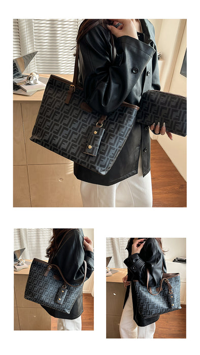 A person wearing a black leather jacket and white pants carries a large dark blue monogram tote bag with brown leather handles and gold-tone hardware in an indoor room. The collage shows multiple views of the same bag being worn.