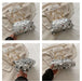 Silver sequin clutch bag with gold handle held by a person on a light background