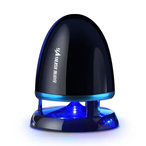 Black and blue electronic device with a brand logo on a white background