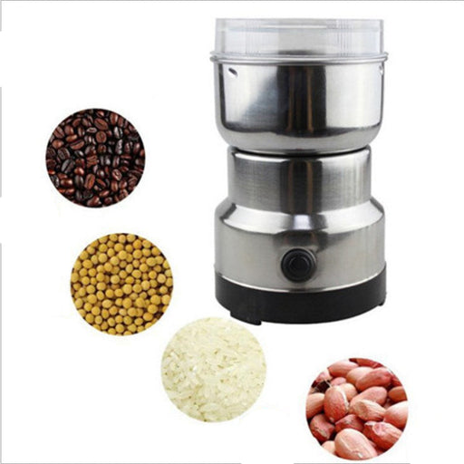Stainless steel spice grinder with images of beans, peas, rice, and peanuts on a white background
