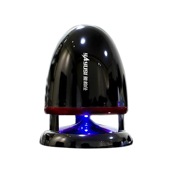 Black and red electronic device with blue light on a white background