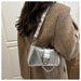 A person wearing a brown herringbone coat carries a metallic silver shoulder bag with a chain strap and silver studs on the strap, photographed indoors against a light paneled door.