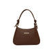 A brown leather shoulder bag with a curved top, knotted handle details, and a small horizontal gold-tone metal accent on the front, shown against a plain white background.