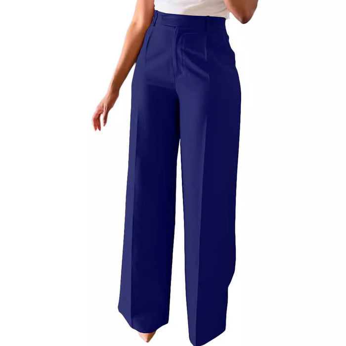 Navy blue wide-leg pants worn by a person on a white background