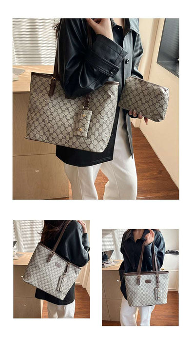 A person wearing a black leather jacket and white pants carries a large beige and brown monogram tote bag, with a matching small pouch in one inset view. The setting appears to be an indoor room with wood flooring and blinds.