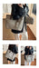 A person wearing a black leather jacket and white pants carries a large beige and brown monogram tote bag, with a matching small pouch in one inset view. The setting appears to be an indoor room with wood flooring and blinds.