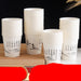 Five stacks of white paper cups with black Chinese calligraphy and mountain illustrations, displayed on a wooden block against a dark background with a red and gold promotional banner at the bottom.
