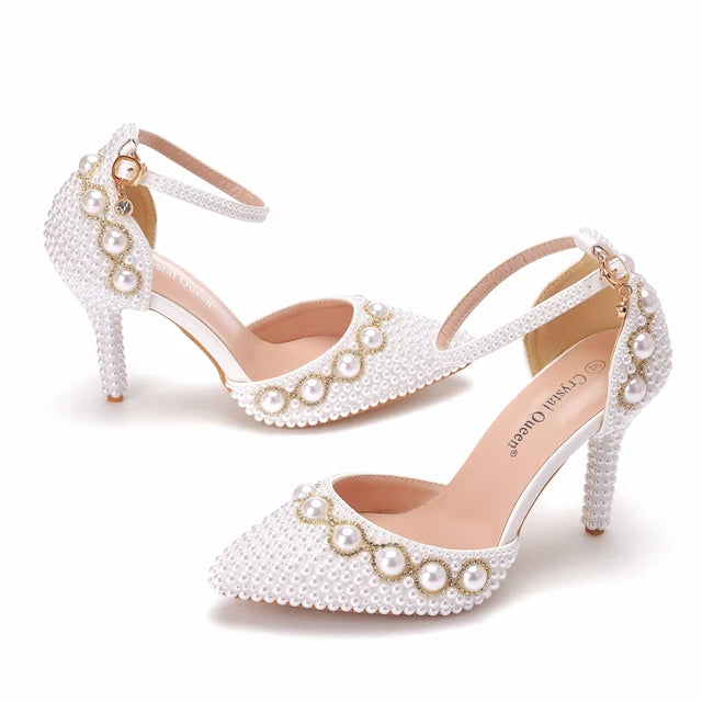 Dio Women's Summer White Pearl Diamond Stiletto High Heels Sandals Pieces Buckles Wedding Shoes - Dio Kollections