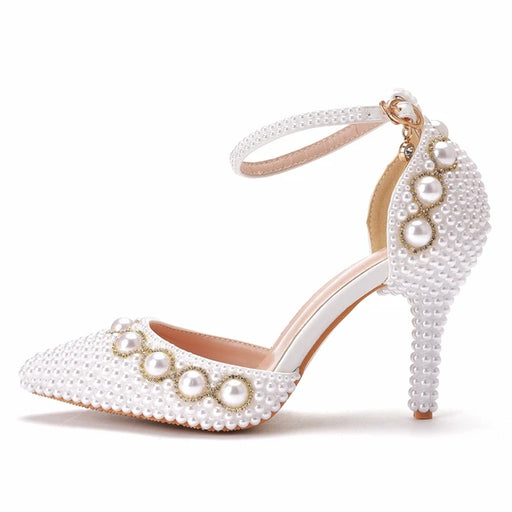 Dio Women's Summer White Pearl Diamond Stiletto High Heels Sandals Pieces Buckles Wedding Shoes - Dio Kollections