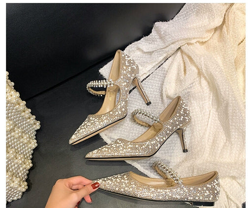 Dio Women's Luxury Pearl Crystal Banquet Stiletto Pumps Rhinestones Pointed Toe High Heels Party Bridesmaid Bride Wedding Shoes - Dio Kollections