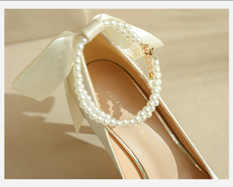 Pointy High Heels Thin heels 2024 New Bow Pearl Trip Srap Work Shoes Fashion Light Mouth Sexy Shoes - Dio Kollections