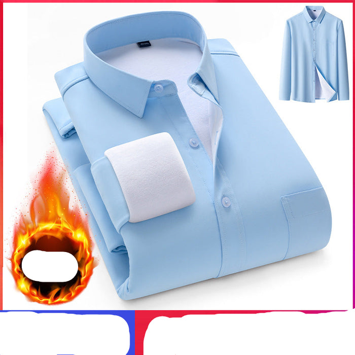 Folded light blue shirt with white lining on a white background