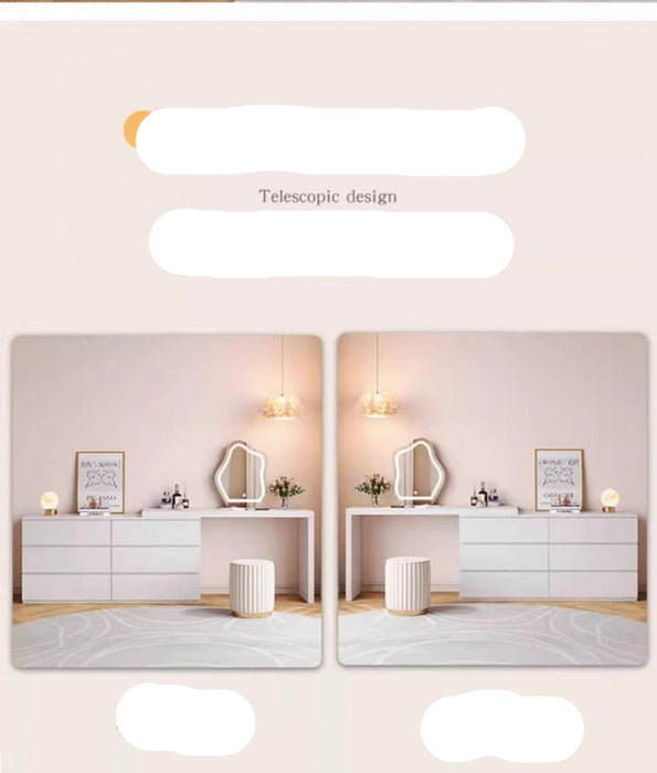 White vanity with mirror and decorative items on a light pink background