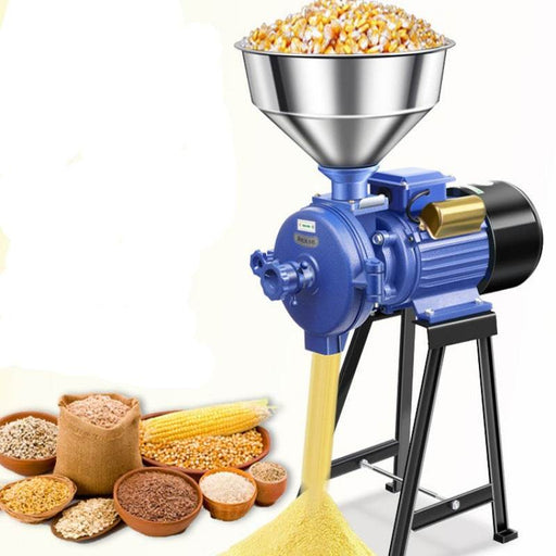 Blue grain grinder with corn and grains on a white background