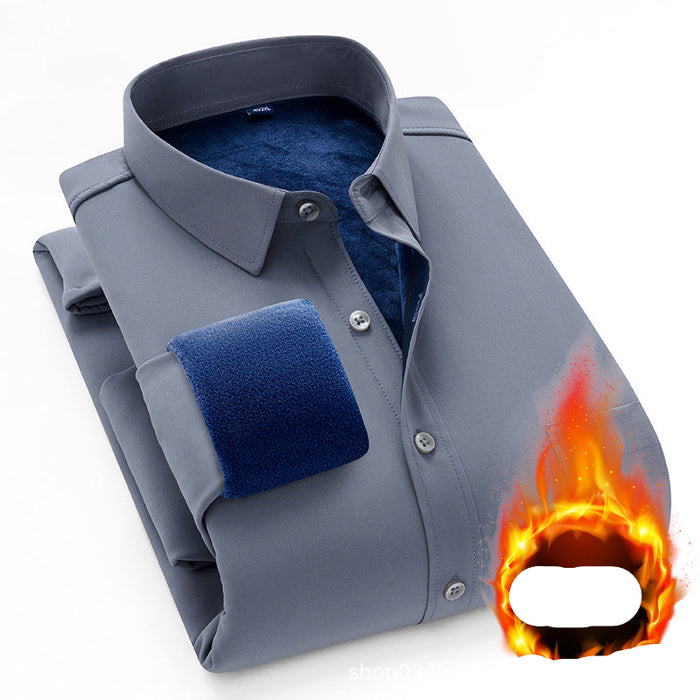 Folded gray shirt with blue lining and flame graphic on a white background