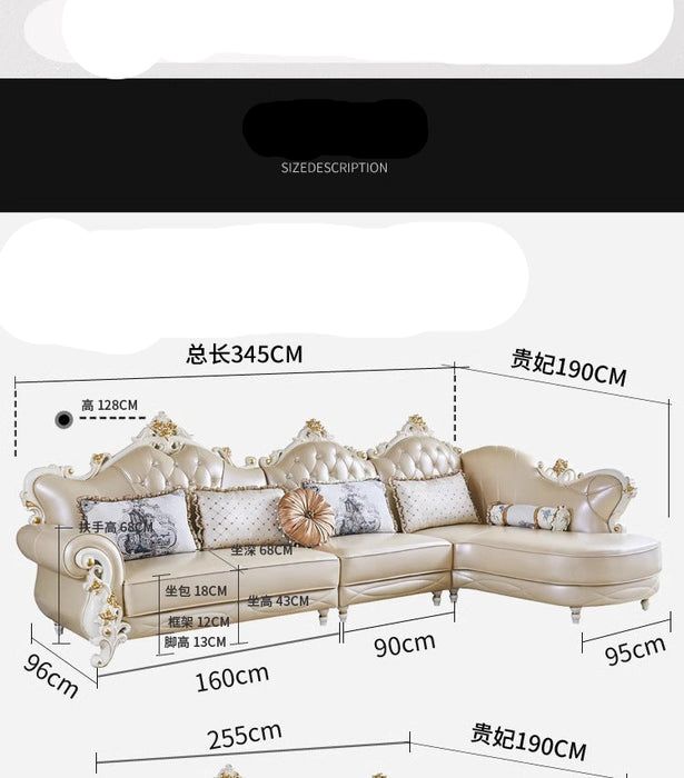 Beige sectional sofa with dimensions displayed on a white background