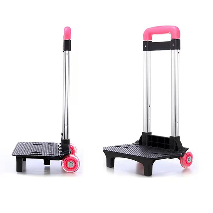 Two black hand carts with pink wheels on a white background