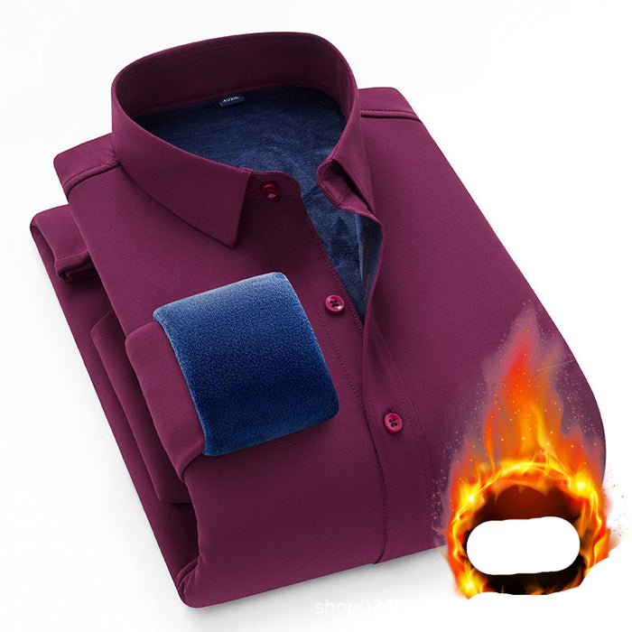 Purple shirt with blue lining and flame graphic on a white background